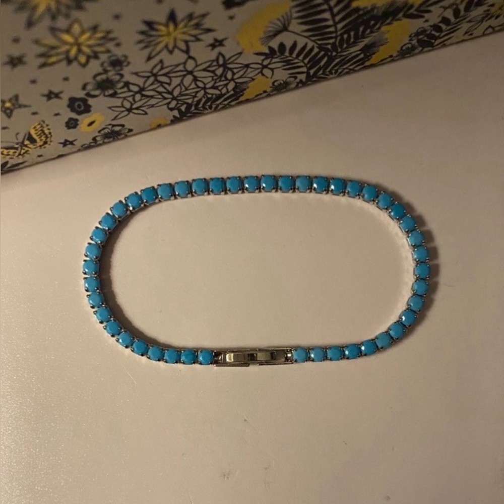 7CT 3mm Natural Turquoise Tennis Bracelet 14K Gold Plated